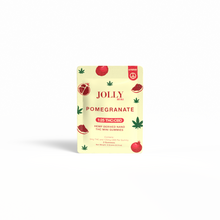 A small beige packet labeled “Pomegranate Gummies 5mg THC, 125mg CBD” by Jolly Cannabis features red pomegranates and green hemp leaves. This Arizona-made gummy contains hemp-derived nano THC in a 1:25 THC to CBD ratio.