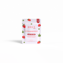 A small, rectangular pouch labeled Jolly Cannabis Strawberry Gummies shows strawberries and hemp leaves. Made in Arizona, it contains sativa 5mg THC:125mg CBD hemp-derived gummies—each mini gummy has 5mg THC and 125mg CBD.