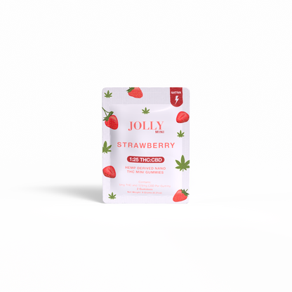 A small, rectangular pouch labeled Jolly Cannabis Strawberry Gummies shows strawberries and hemp leaves. Made in Arizona, it contains sativa 5mg THC:125mg CBD hemp-derived gummies—each mini gummy has 5mg THC and 125mg CBD.