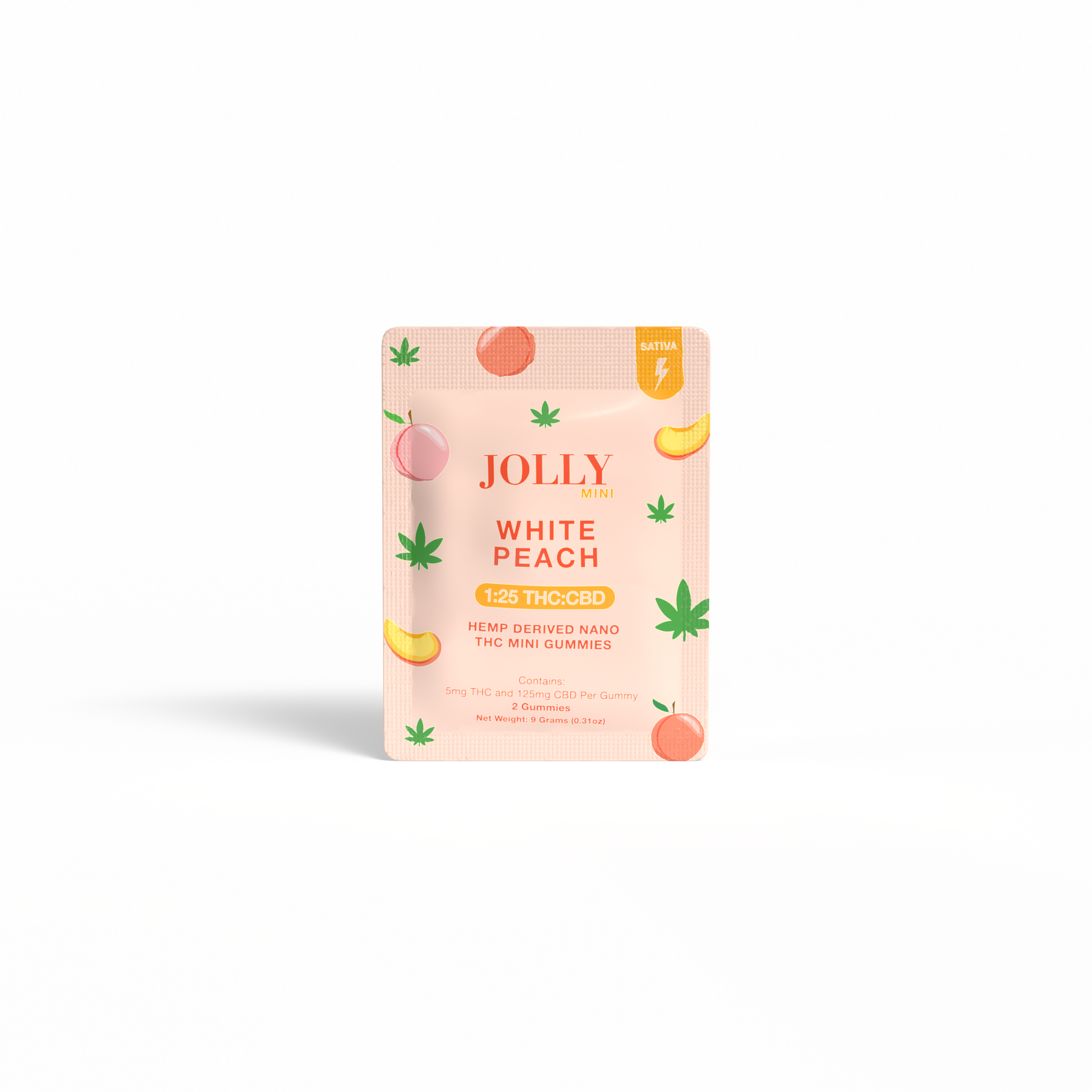 A peach-colored packet labeled “White Peach Gummies 5mg THC, 125mg CBD” from Jolly Cannabis features peach and hemp leaf illustrations. Arizona-made gummies sit on a white background, casting a small shadow.