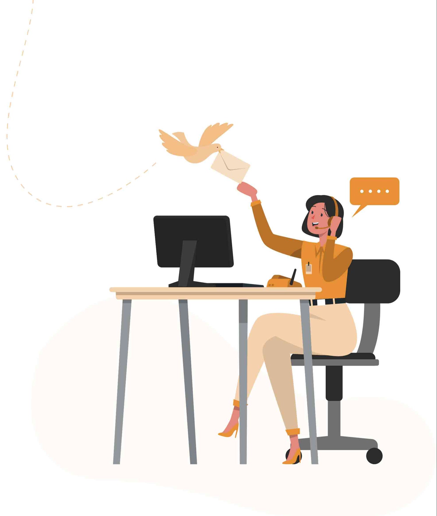 Illustration of a woman sitting at a desk with a computer, wearing a headset. She is smiling and reaching up to receive an envelope from a flying bird. A speech bubble with ellipsis is above her, suggesting communication.