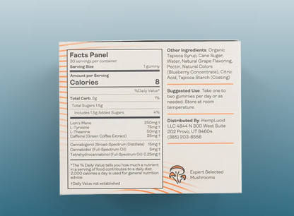 The HempLucid Focus Mushroom CBG Gummies - Grape supplement facts label displays nutrition info, ingredients like organic tapioca syrup, Lion’s Mane, CBG, and cannabinoids, usage (one daily), distributor details, and an “Expert Selected Mushrooms” badge on a white box with orange accents.