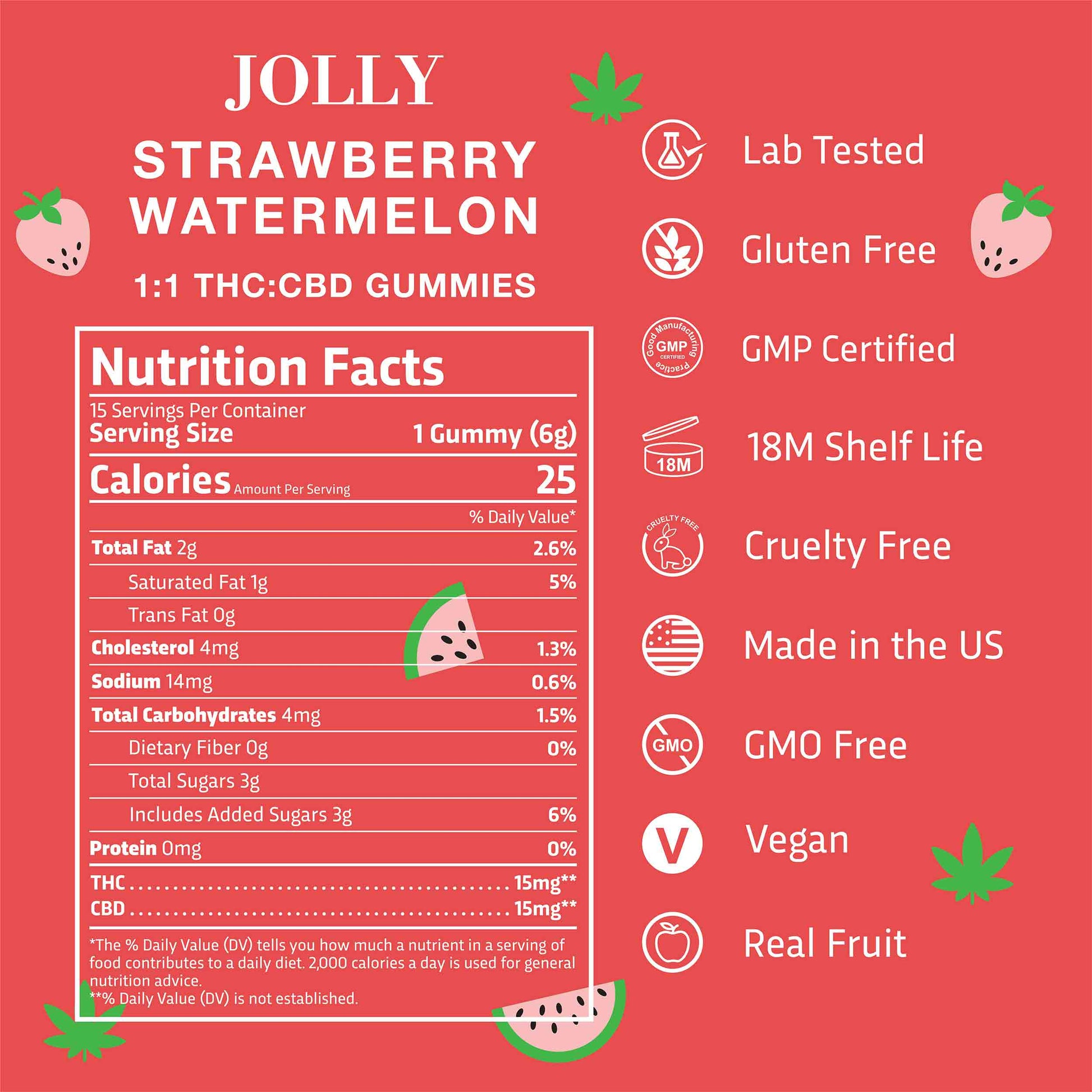 A pink label for Jolly Cannabis Strawberry Watermelon Gummies (15mg THC, 15mg CBD). Nutrition facts show 25 calories per gummy. Icons note: Arizona made, lab tested, gluten free, vegan, real fruit, GMO free.
