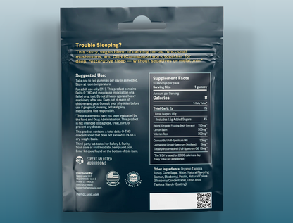 Back of HempLucid Sleep Mushroom CBN Gummies - Blueberry Lemon package showing usage instructions, supplement facts, ingredients, CBN sleep support benefits, suggested use, certifications, brand logos, and a QR code at the bottom.