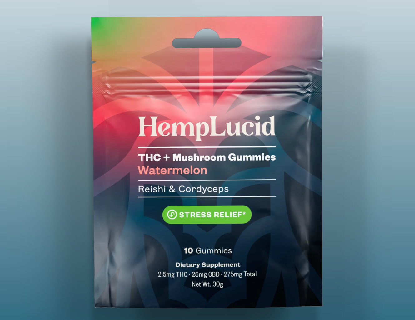 A resealable pouch labeled HempLucid Stress Mushroom THC Gummies - Watermelon contains 10 gummies with Reishi & Cordyceps for stress relief, plus dosage and supplement facts clearly shown.