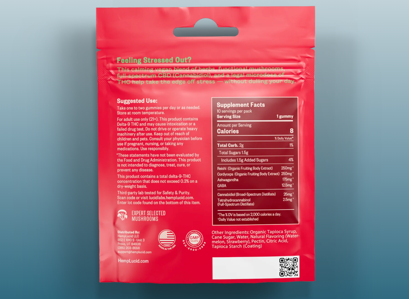 A red resealable HempLucid Stress Mushroom THC Gummies - Watermelon package features supplement facts, suggested use, ingredients, THC, Organic CBD, functional mushrooms for stress support, a QR code, bottom icons, and a top hang hole.