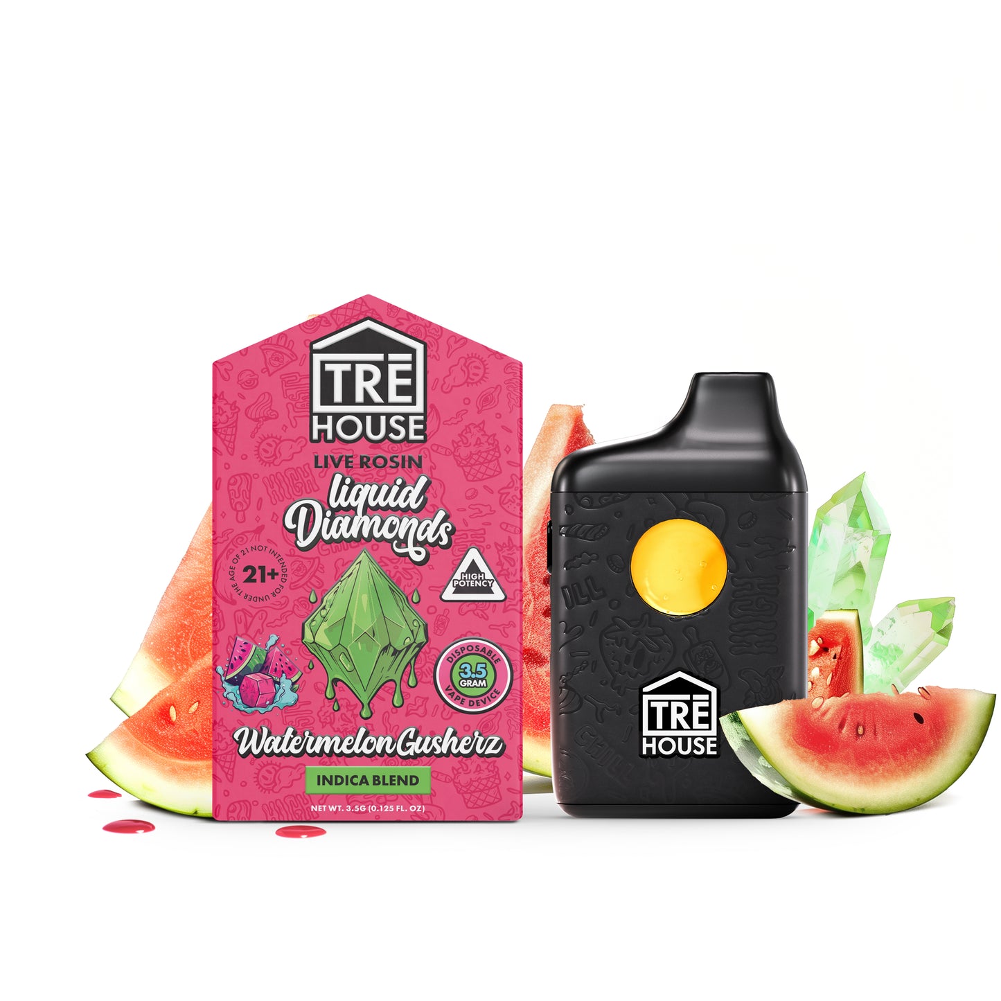 TRE'House Live Rosin Liquid Diamonds Vape Pen 3.5G, 1400 Puffs - Watermelon Gusherz (Indica)